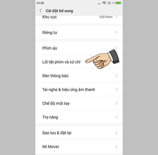 Vào lối tắt phím